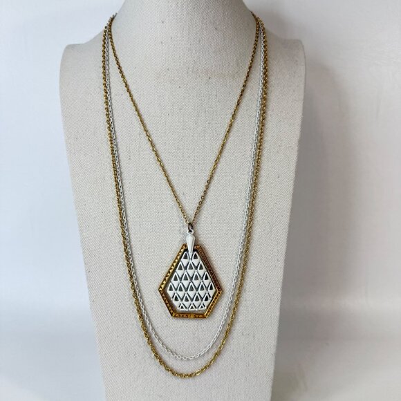 Vintage MCM Pendant Necklace White Enamel Gold-Tone Chain Long Length - Picture 1 of 9